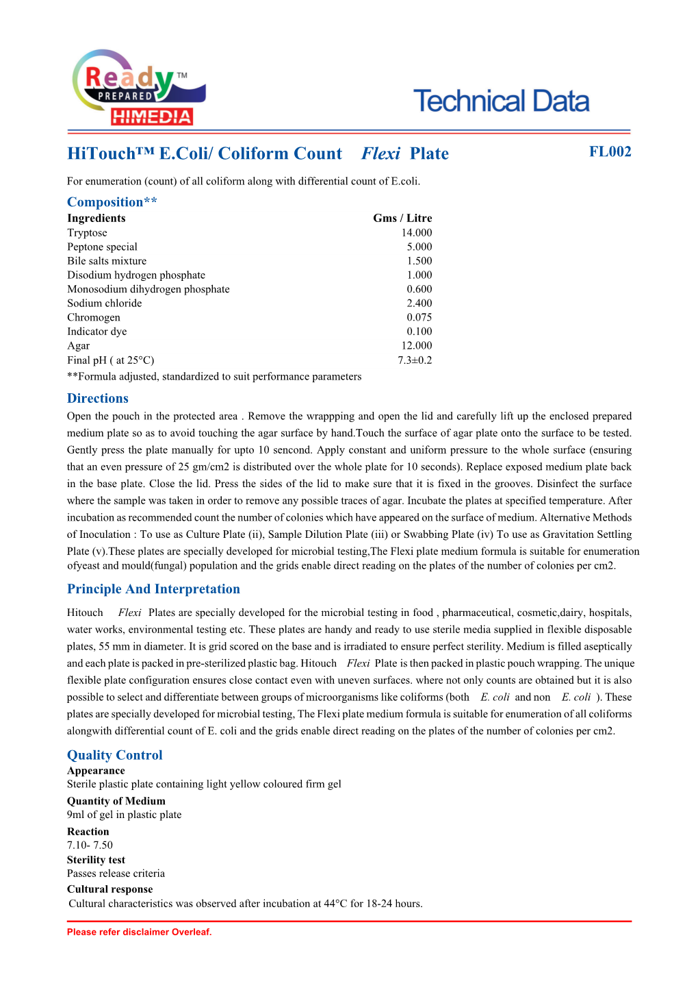 Hitouch™ E.Coli/ Coliform Count Flexi Plate FL002