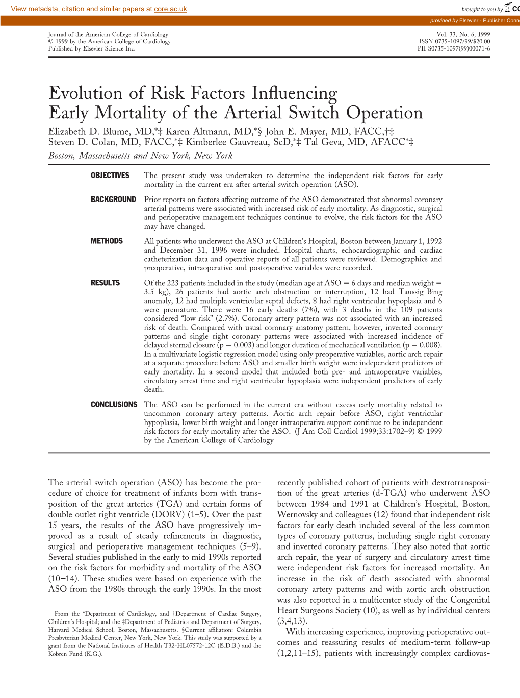 Evolution of Risk Factors Influencing Early Mortality of the Arterial Switch