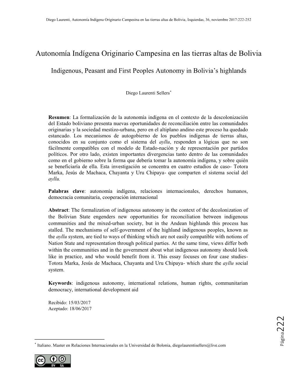 Autonomía Indígena Originario Campesina En Las Tierras Altas De Bolivia, Izquierdas, 36, Noviembre 2017:222-252