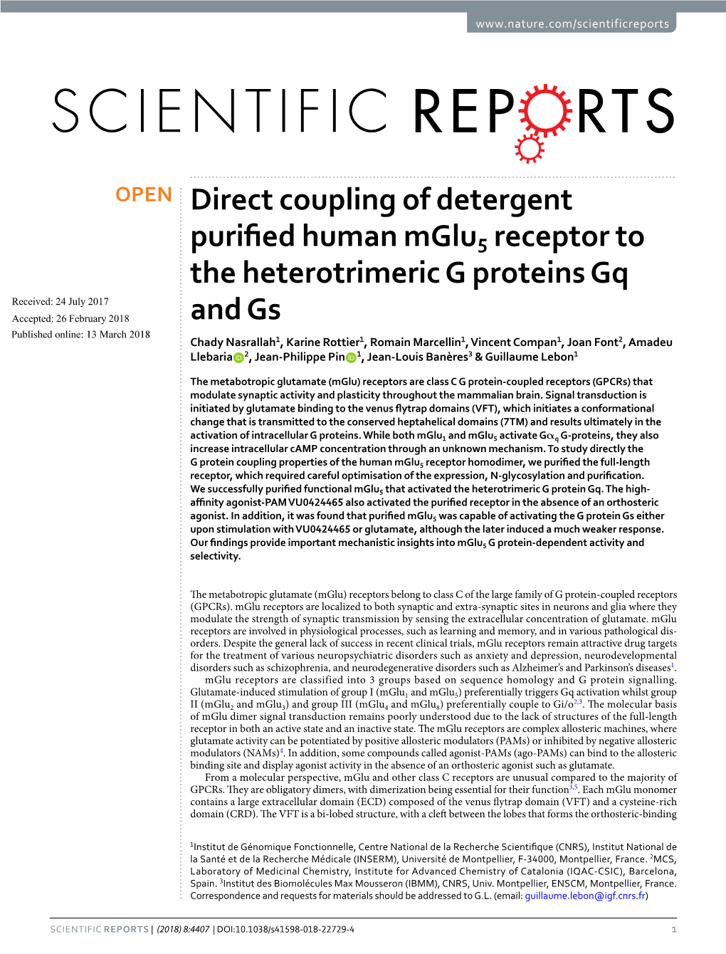 Direct Coupling of Detergent Purified Human Mglu5 Receptor To