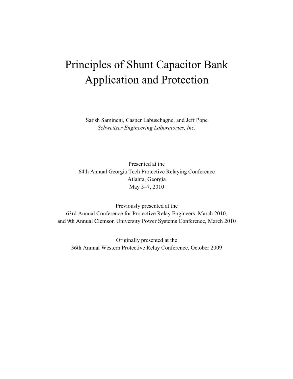 Principles of Shunt Capacitor Bank Application and Protection