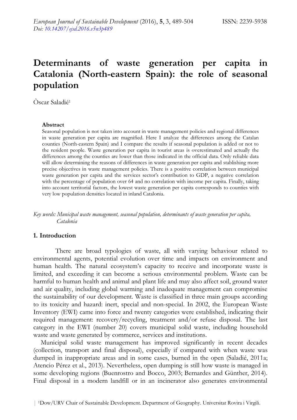 Determinants of Waste Generation Per Capita in Catalonia (North-Eastern Spain): the Role of Seasonal Population