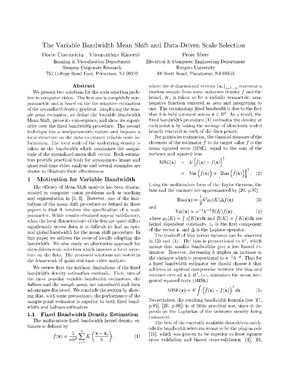 The Variable Bandwidth Mean Shift and Data-Driven Scale Selection