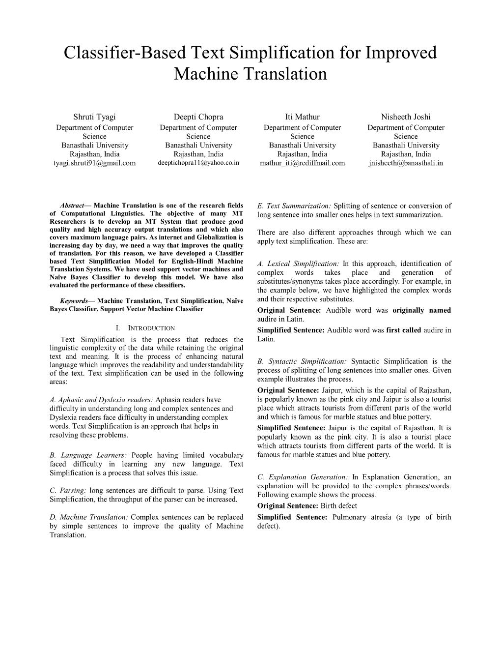 Classifier-Based Text Simplification for Improved Machine Translation