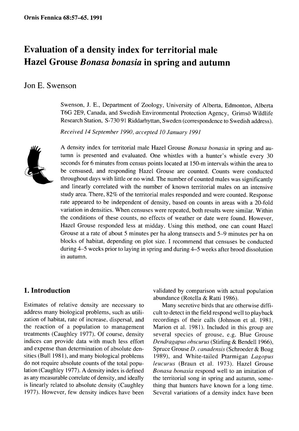 Evaluation of a Density Index for Territorial Male Hazel Grouse Bonasa Bonasia in Spring and Autumn