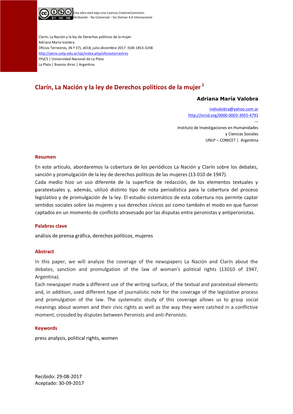 Clarín, La Nación Y La Ley De Derechos Políticos De La Mujer Adriana María Valobra Oficios Terrestres, (N.º 3 7), E01 8 , Julio - Diciembre 2017