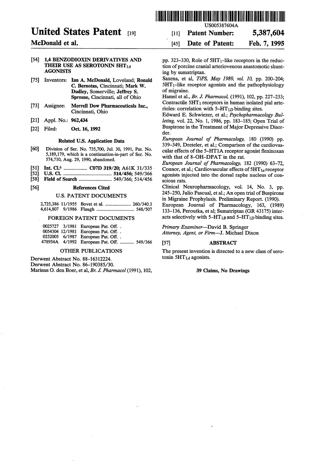 United States Patent 19 11) Patent Number: 5,387,604 Mcdonald Et Al