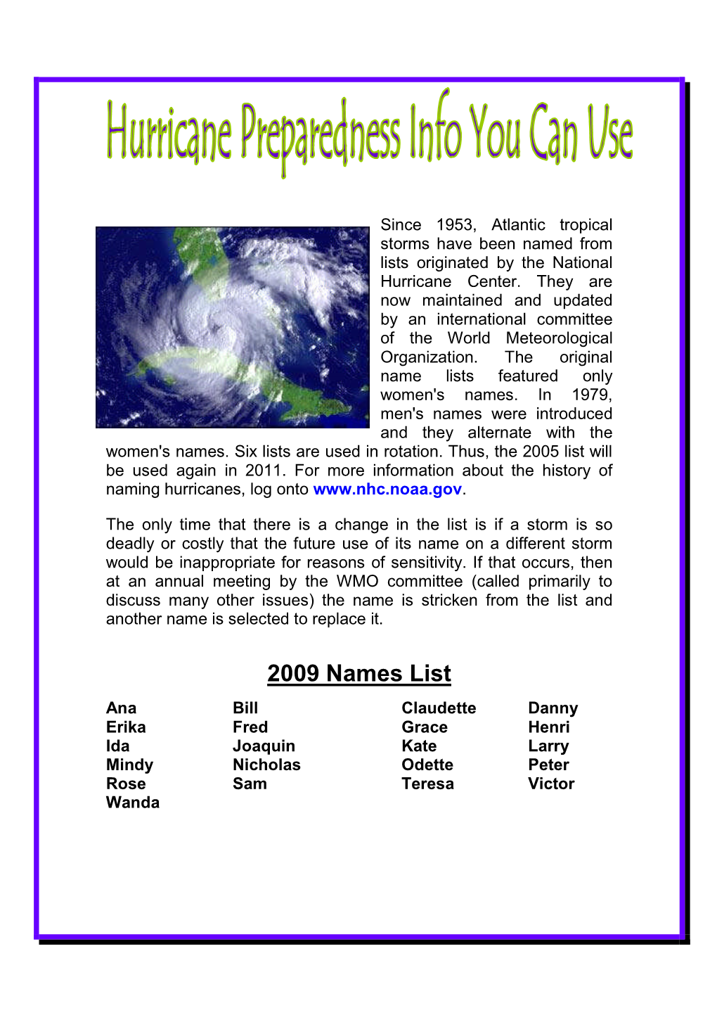 Hurricane Info You Can Use- 2009