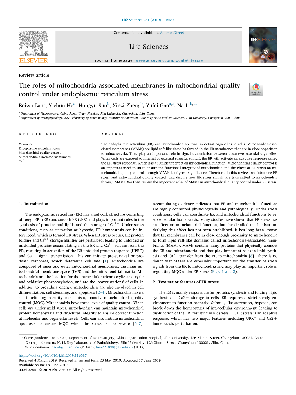 The Roles of Mitochondria-Associated Membranes in Mitochondrial Quality Control Under Endoplasmic Reticulum Stress