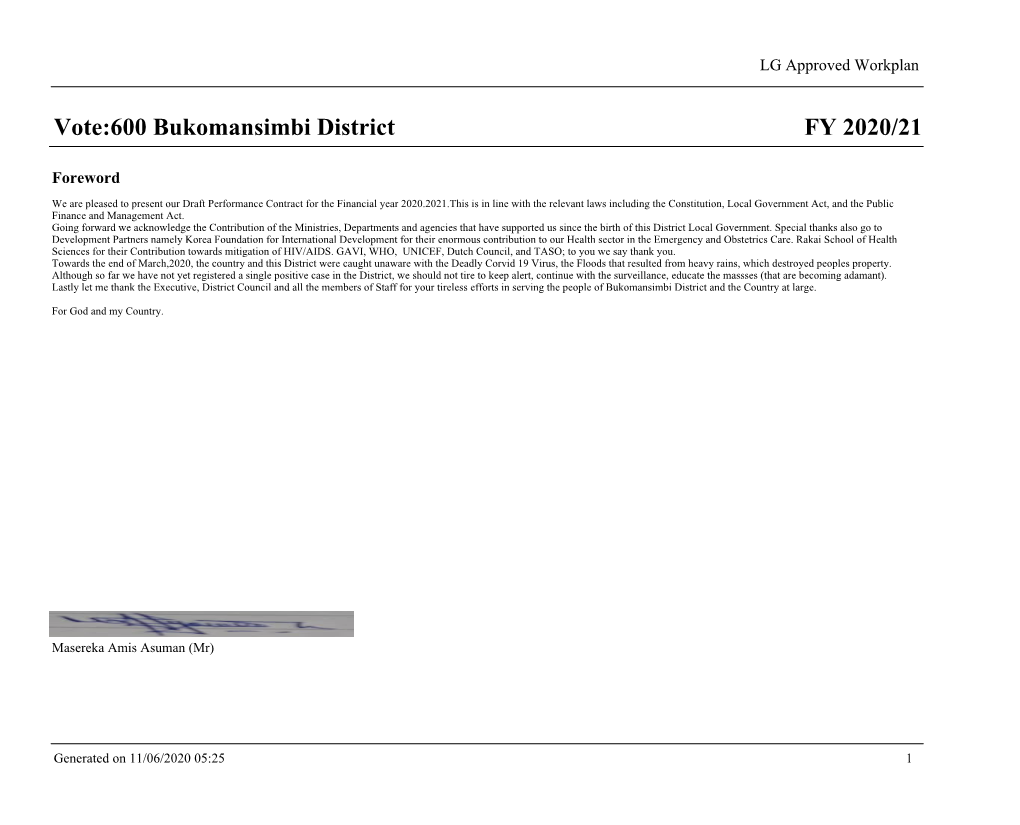 FY 2020/21 Vote:600 Bukomansimbi District