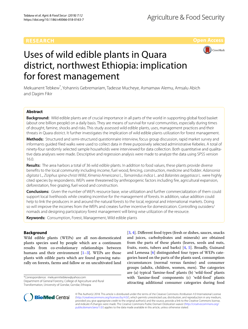 Uses of Wild Edible Plants in Quara District, Northwest Ethiopia