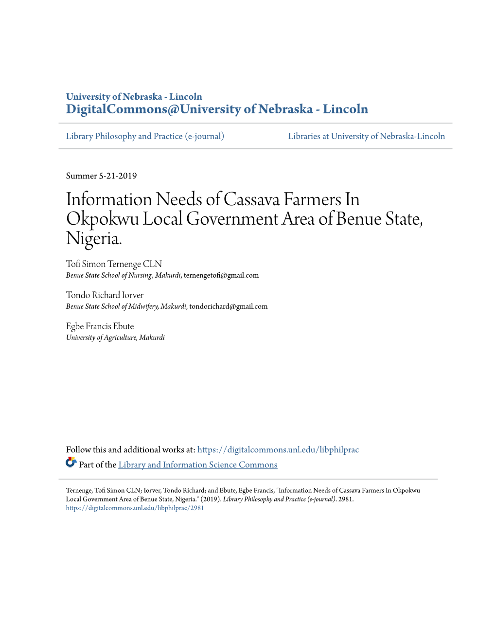 Information Needs of Cassava Farmers in Okpokwu Local Government Area of Benue State, Nigeria
