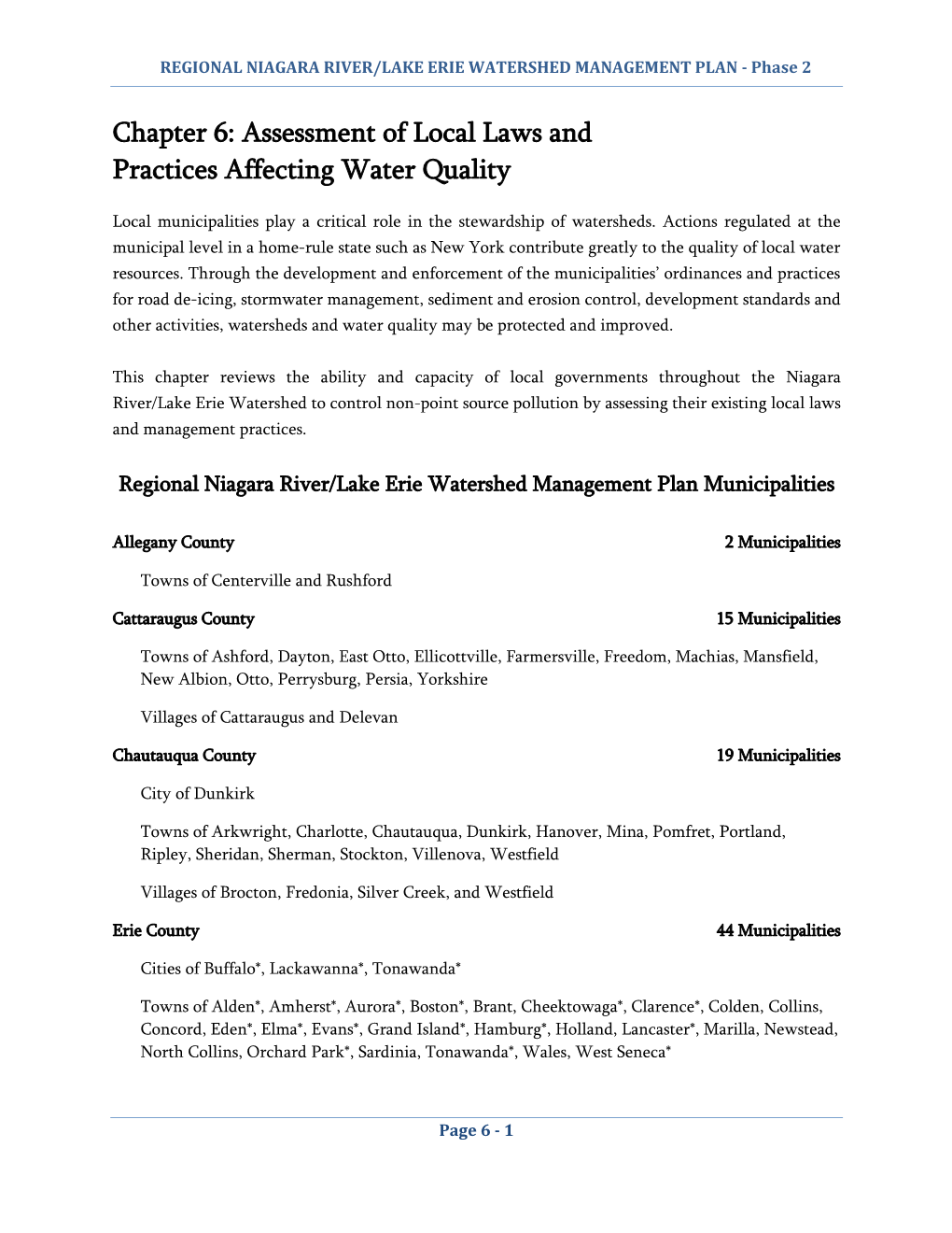 Chapter 6: Assessment of Local Laws and Practices Affecting Water Quality