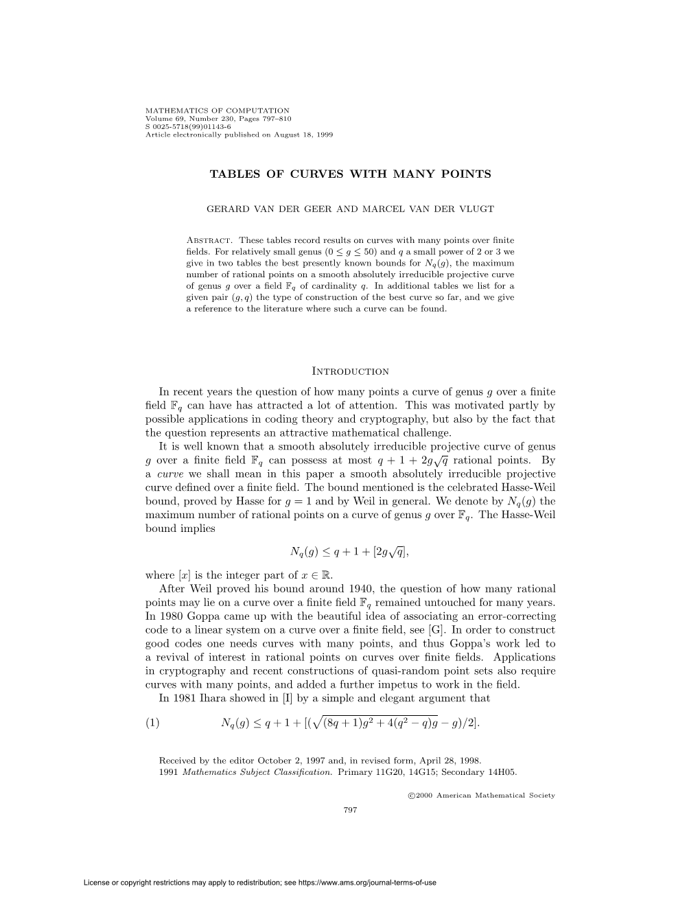 TABLES of CURVES with MANY POINTS Introduction in Recent Years