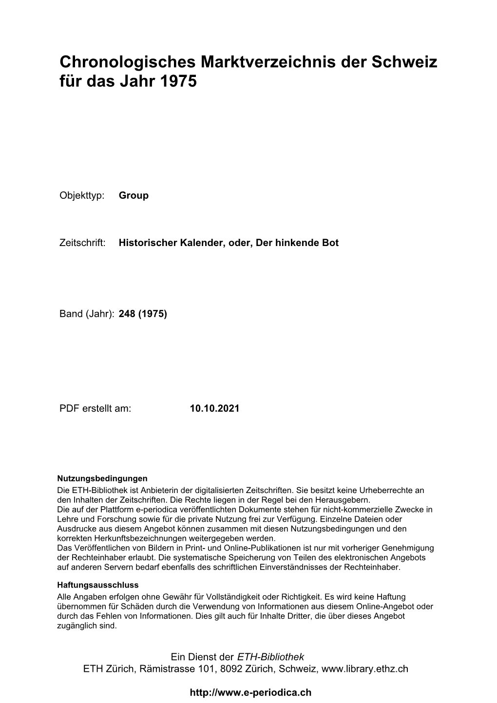 Chronologisches Marktverzeichnis Der Schweiz Für Das Jahr 1975