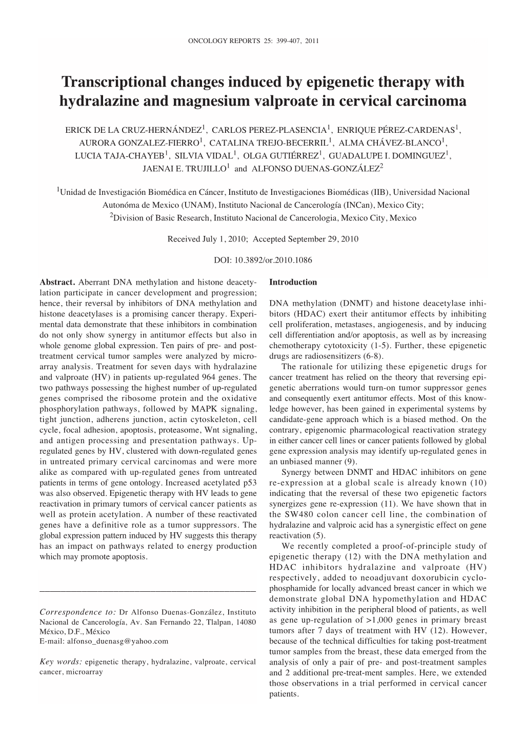 Transcriptional Changes Induced by Epigenetic Therapy with Hydralazine and Magnesium Valproate in Cervical Carcinoma