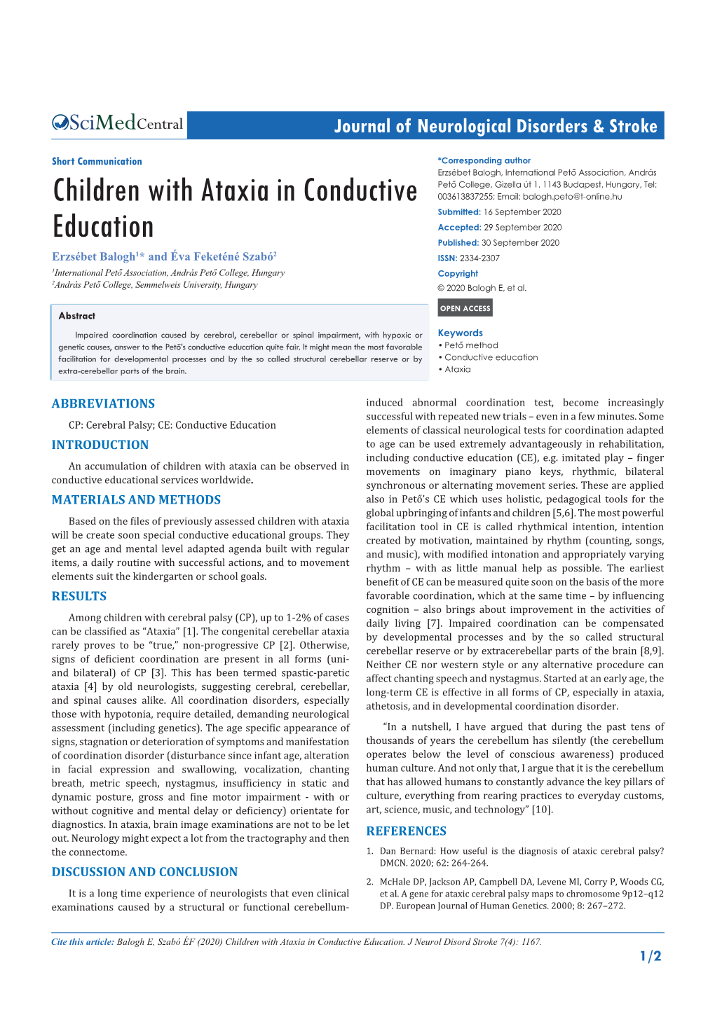 Children with Ataxia in Conductive Education