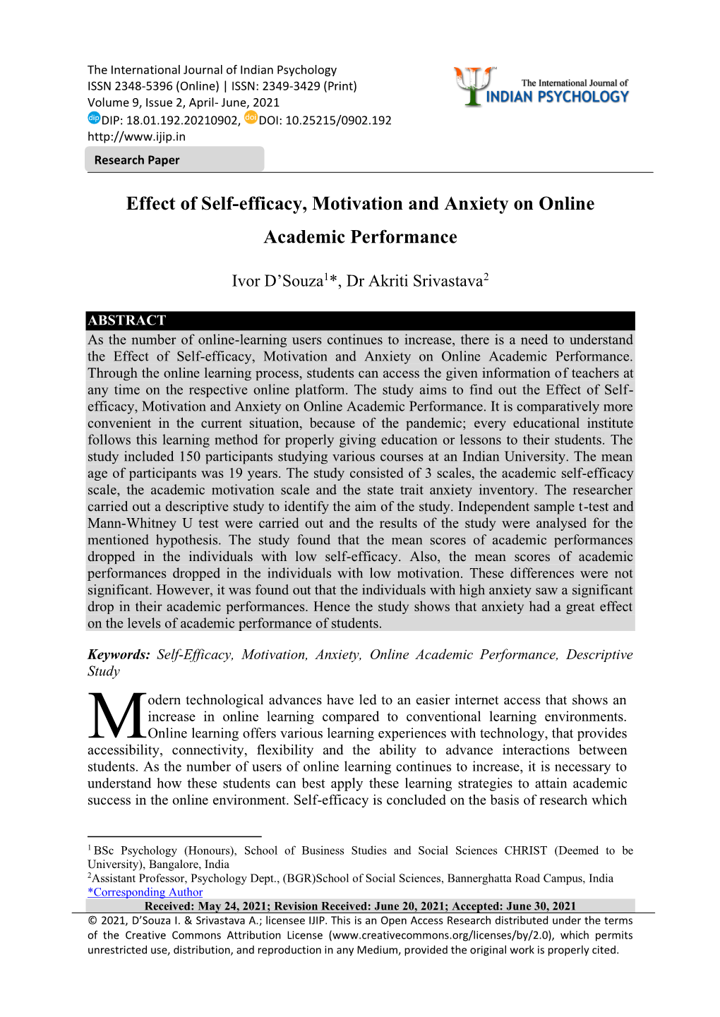 Effect of Self-Efficacy, Motivation and Anxiety on Online Academic Performance