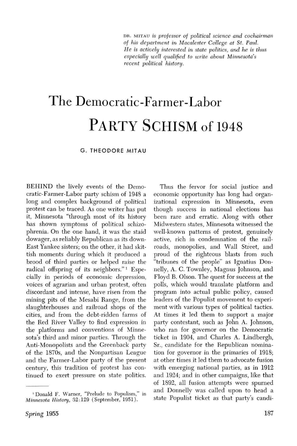 The Democratic-Farmer-Labor Party Schism of 1948