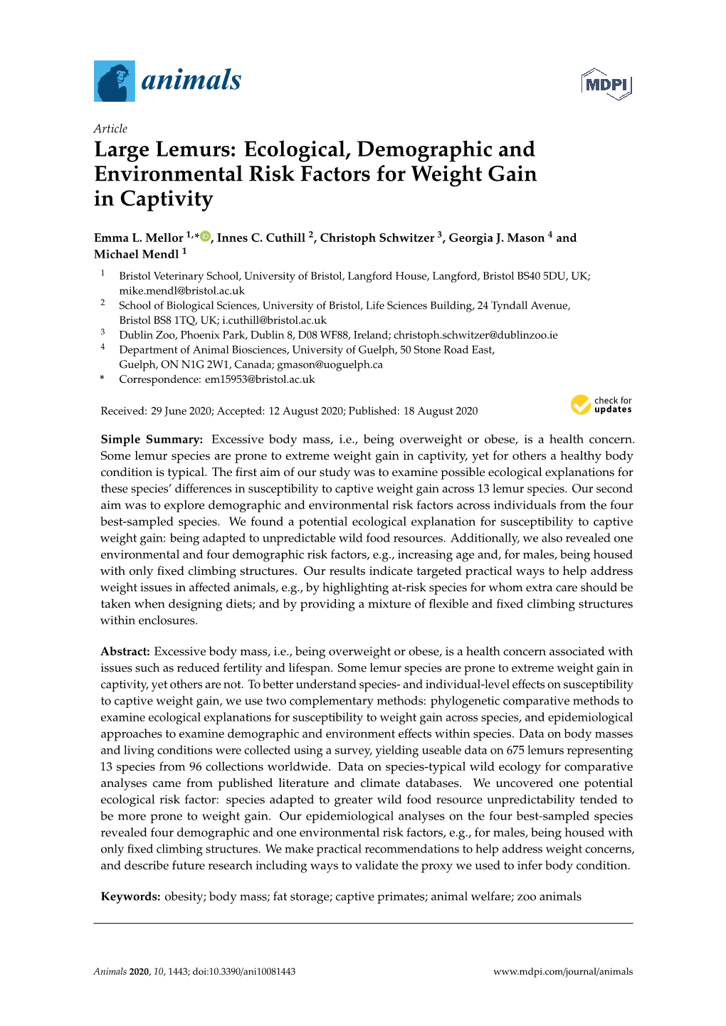 Large Lemurs: Ecological, Demographic and Environmental Risk Factors for Weight Gain in Captivity