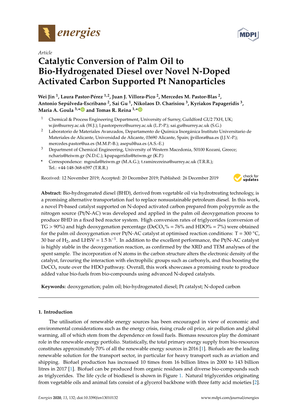 Catalytic Conversion of Palm Oil to Bio-Hydrogenated Diesel Over Novel N-Doped Activated Carbon Supported Pt Nanoparticles