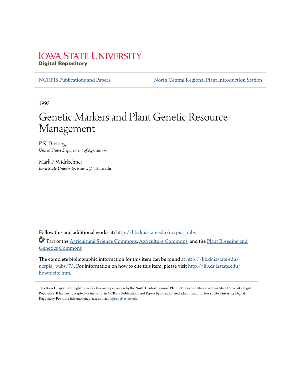 Genetic Markers and Plant Genetic Resource Management P