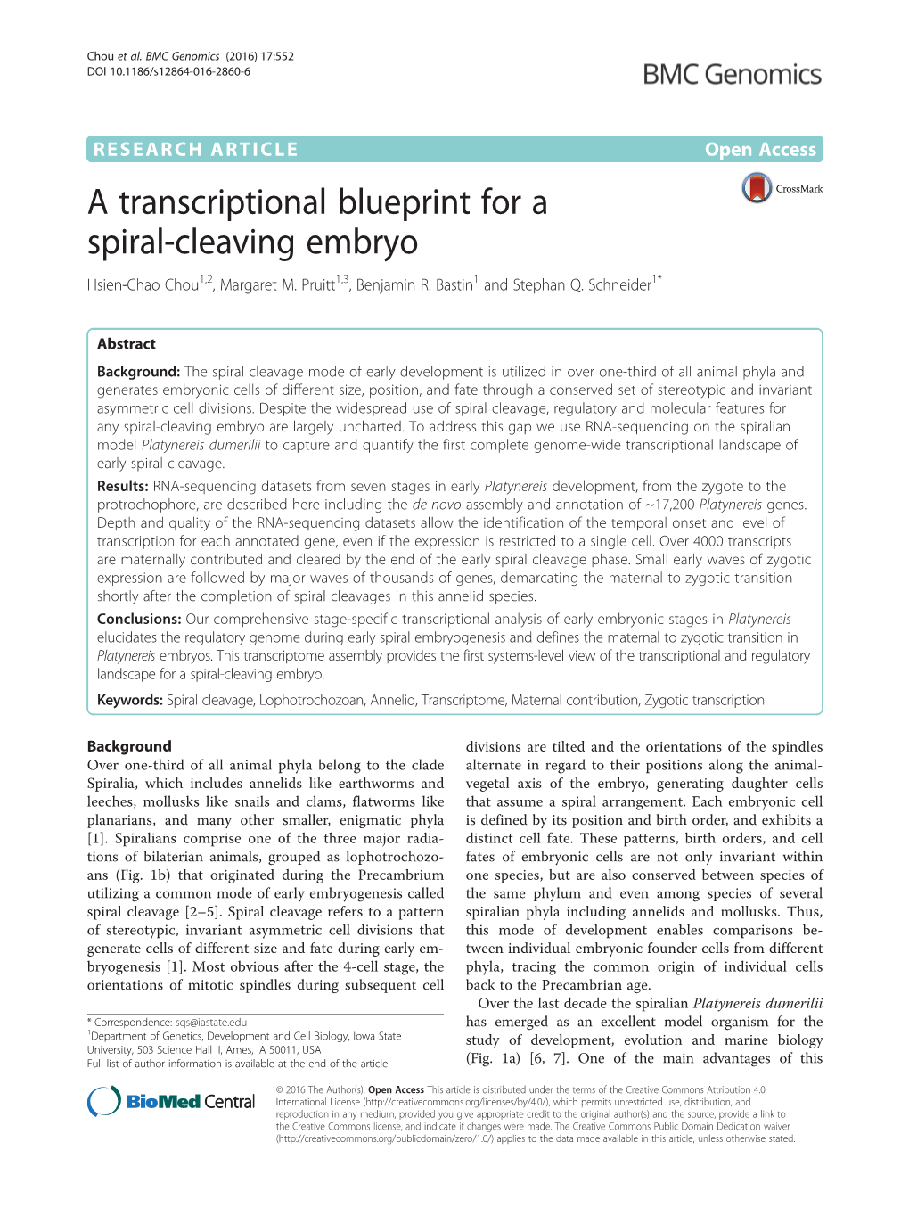 A Transcriptional Blueprint for a Spiral-Cleaving Embryo Hsien-Chao Chou1,2, Margaret M