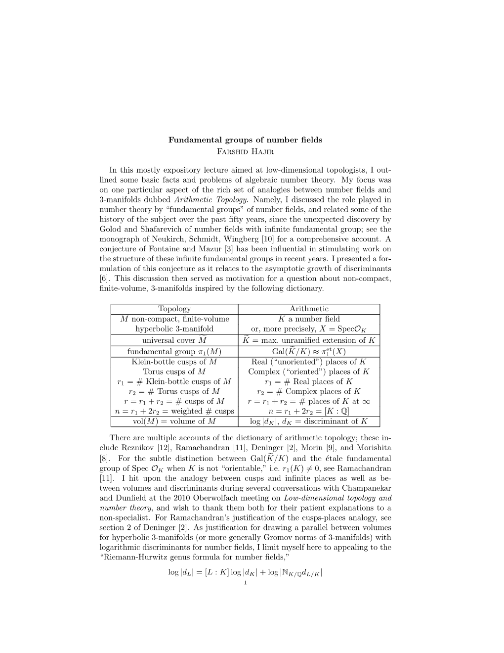 Fundamental Groups of Number Fields Farshid Hajir in This Mostly Expository Lecture Aimed at Low-Dimensional Topologists, I