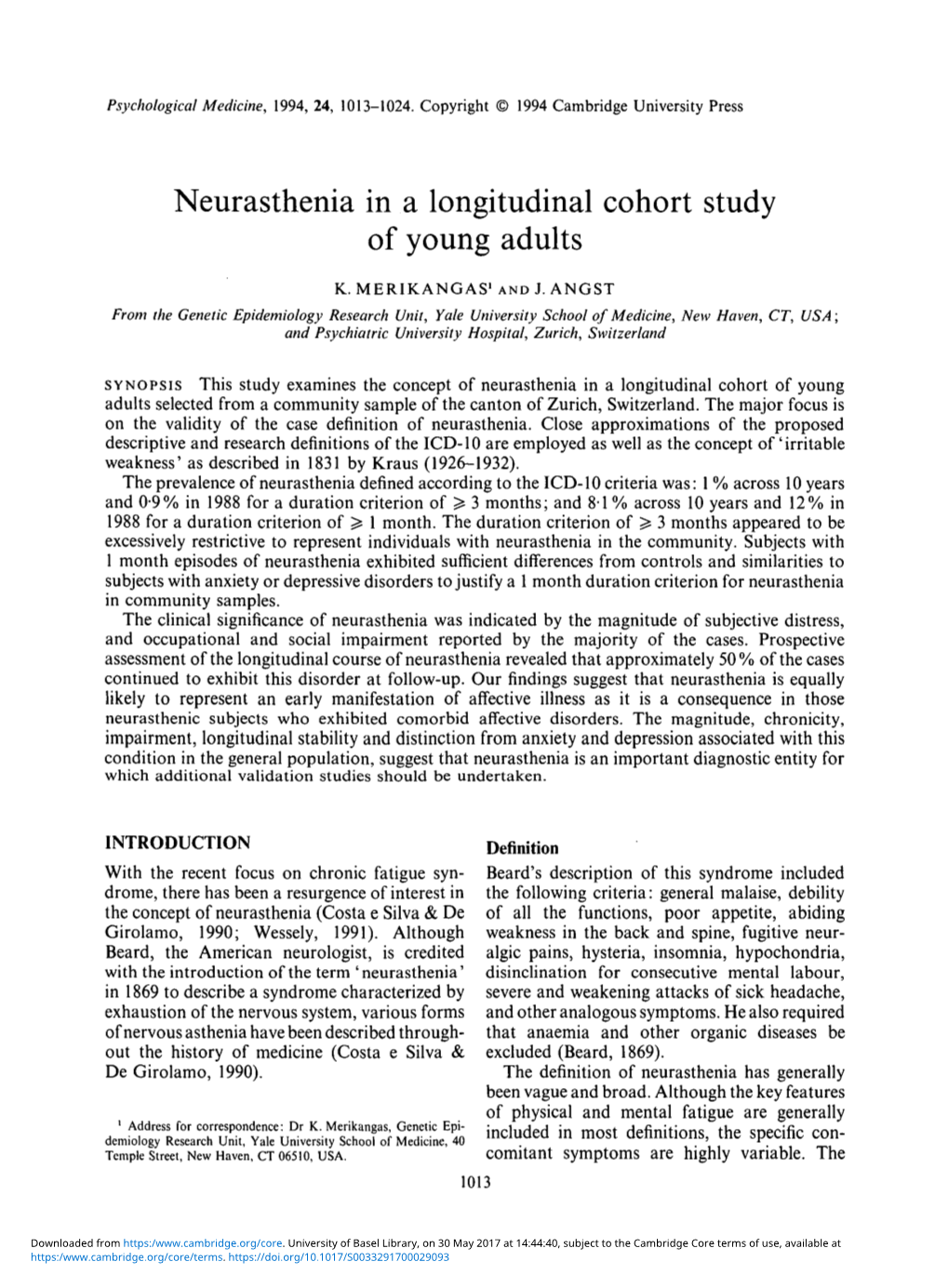 Neurasthenia in a Longitudinal Cohort Study of Young Adults