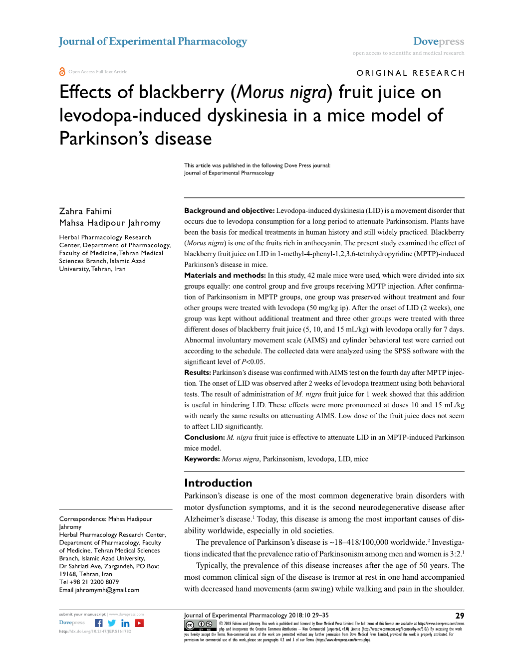 Effects of Blackberry (Morus Nigra) Fruit Juice on Levodopa-Induced Dyskinesia in a Mice Model of Parkinson’S Disease