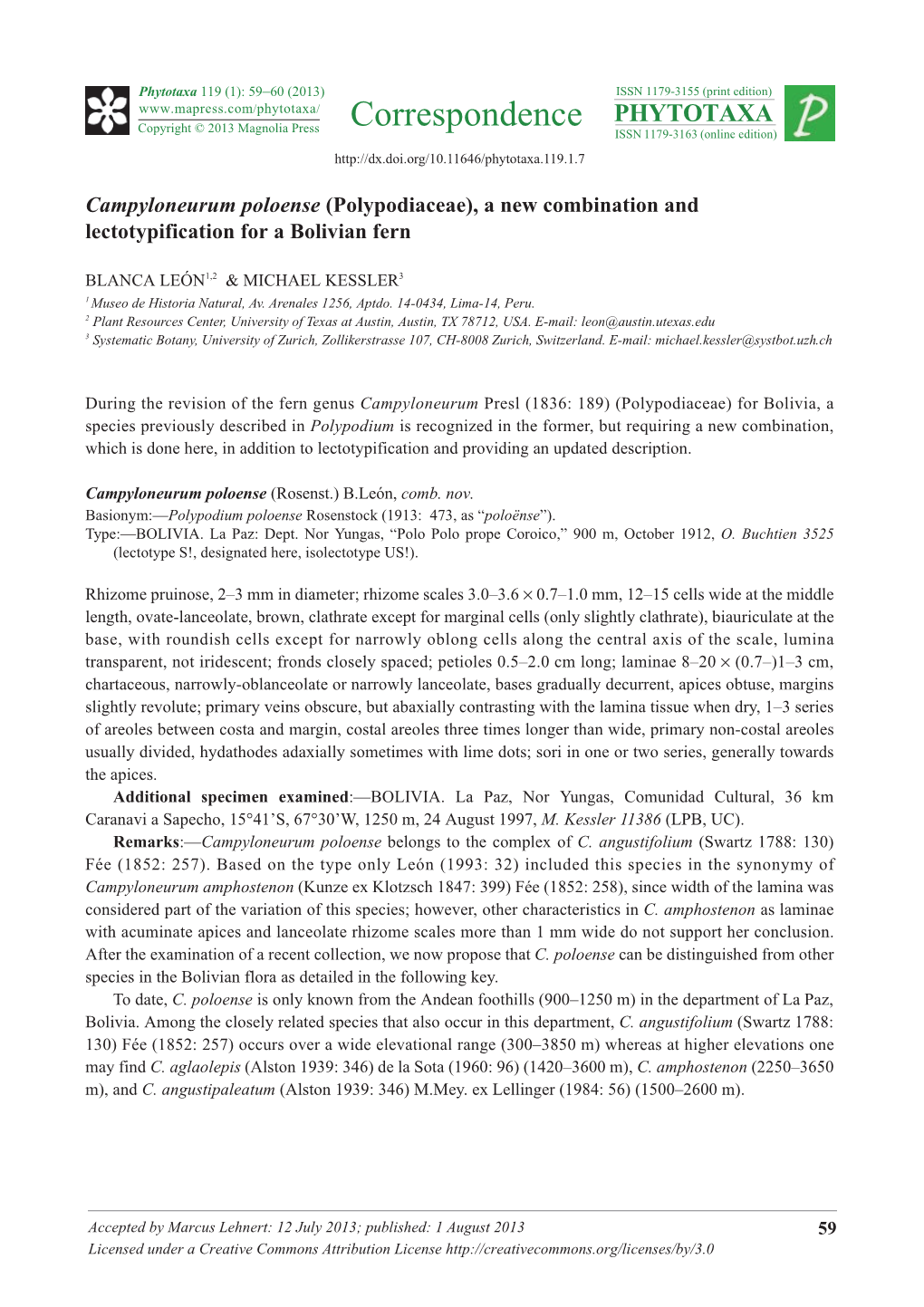 Campyloneurum Poloense (Polypodiaceae), a New Combination and Lectotypification for a Bolivian Fern