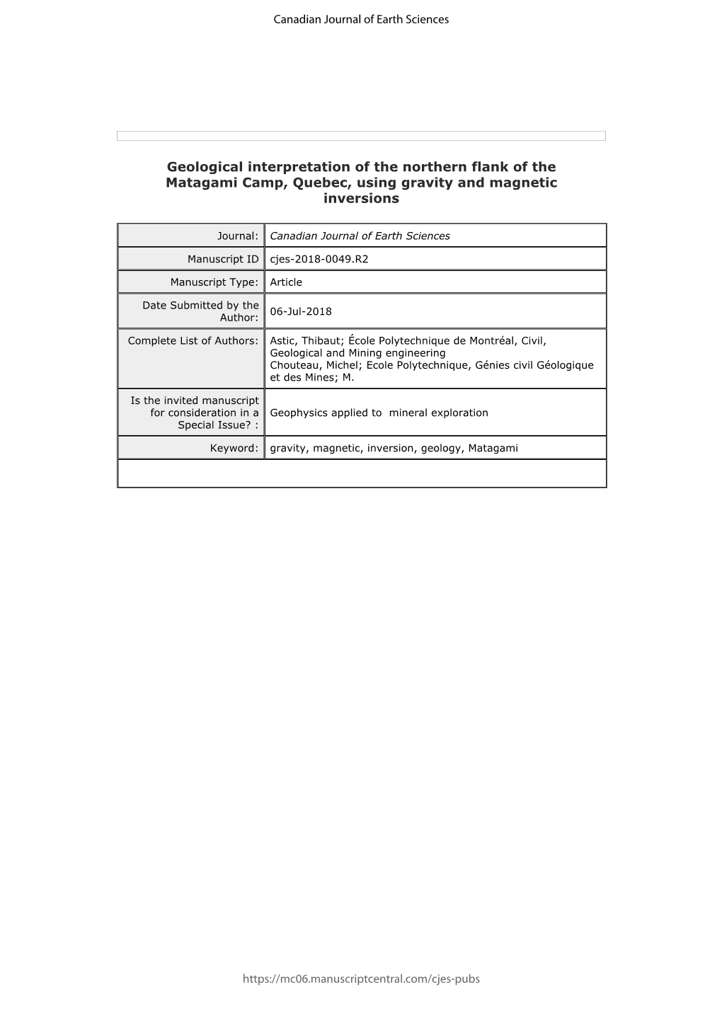 Geological Interpretation of the Northern Flank of the Matagami Camp, Quebec, Using Gravity and Magnetic Inversions