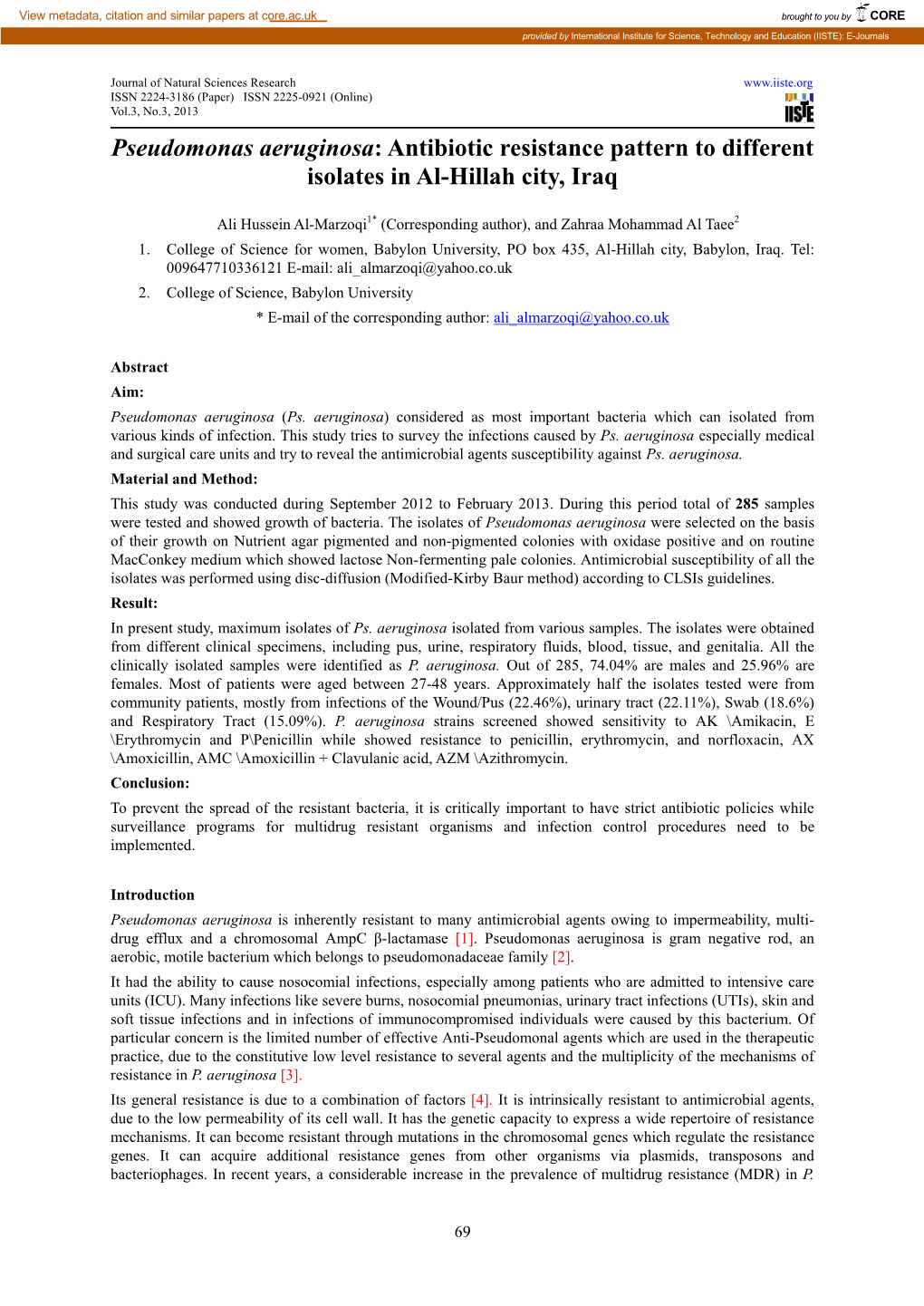 Antibiotic Resistance Pattern to Different Isolates in Al-Hillah City, Iraq