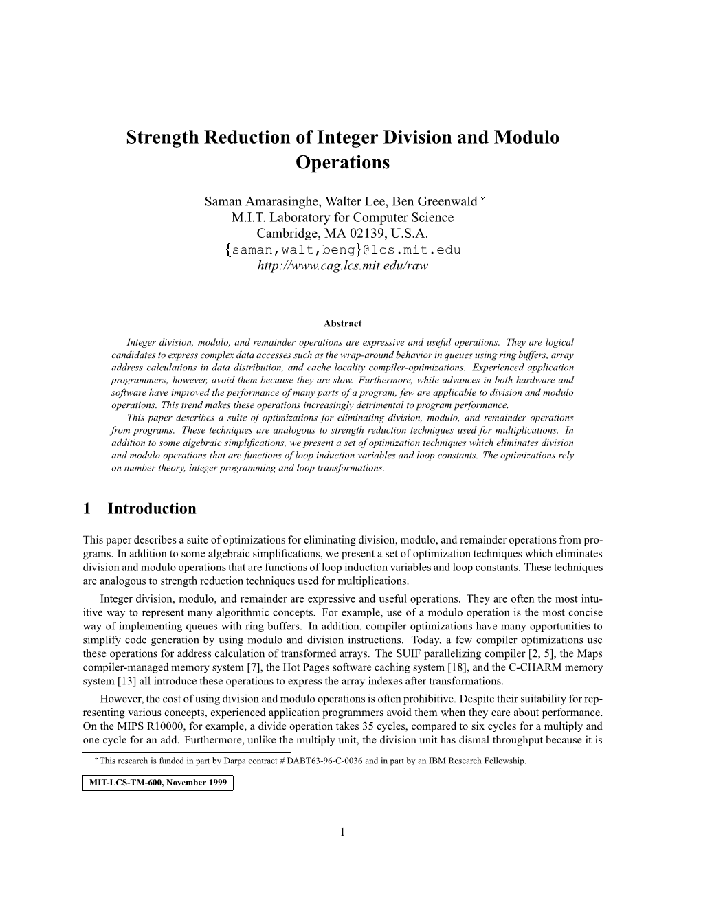 Strength Reduction of Integer Division and Modulo Operations