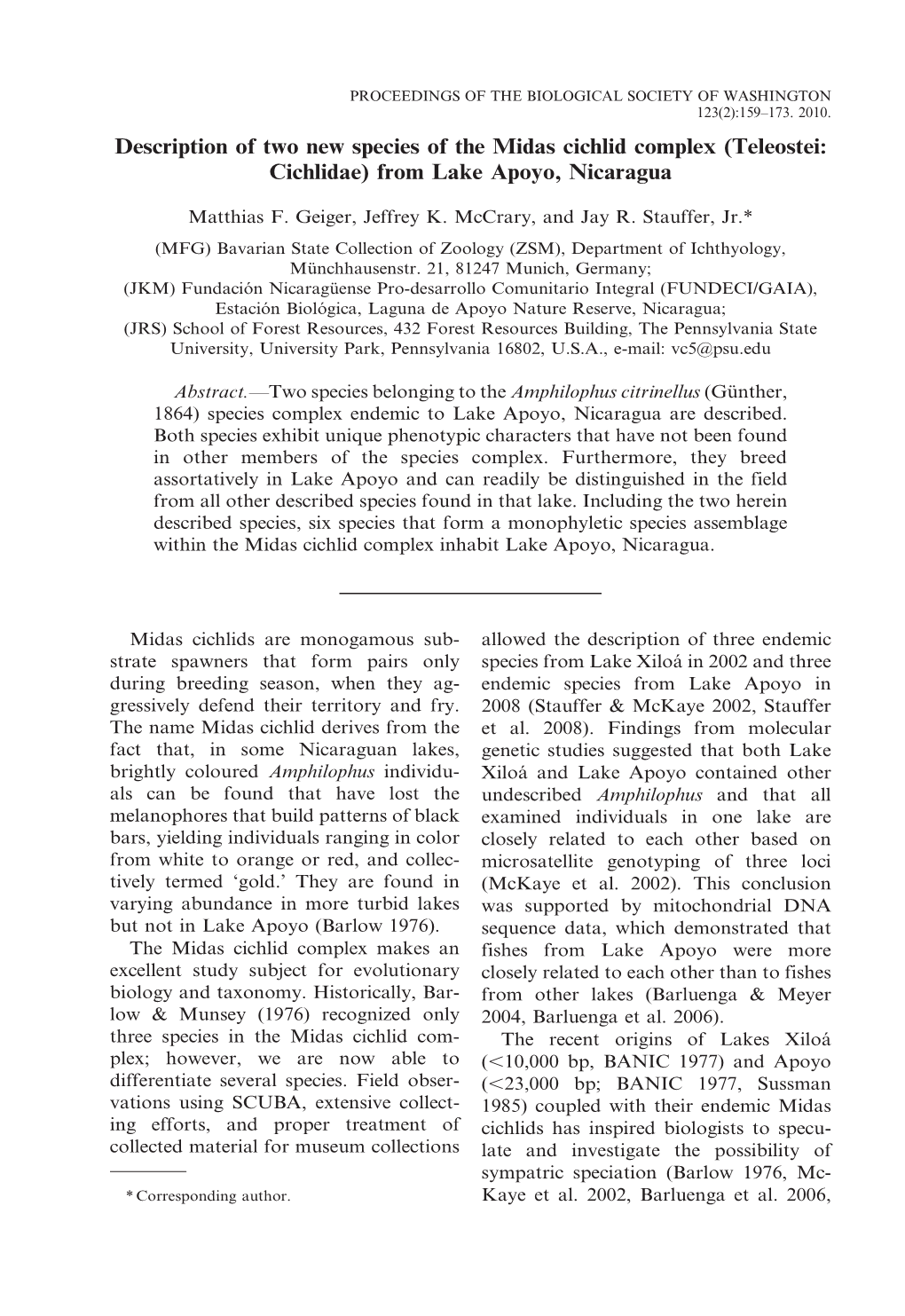 Description of Two New Species of the Midas Cichlid Complex (Teleostei: Cichlidae) from Lake Apoyo, Nicaragua