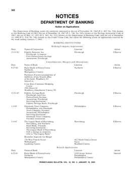 NOTICES DEPARTMENT of BANKING Action on Applications