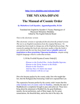 THE NIYAMA-DIPANI the Manual of Cosmic Order