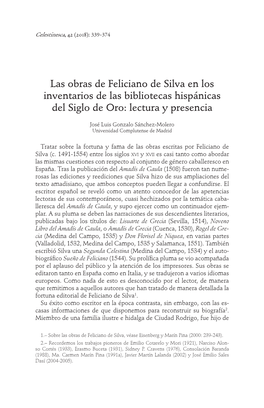 Las Obras De Feliciano De Silva En Los Inventarios De Las Bibliotecas Hispánicas Del Siglo De Oro: Lectura Y Presencia