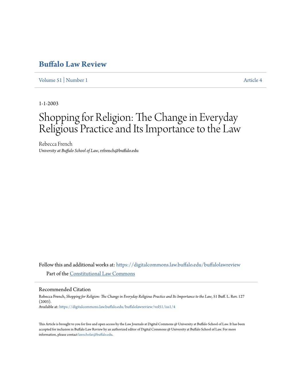 Shopping for Religion: the Change in Everyday Religious Practice and Its Importance to the Law, 51 Buff