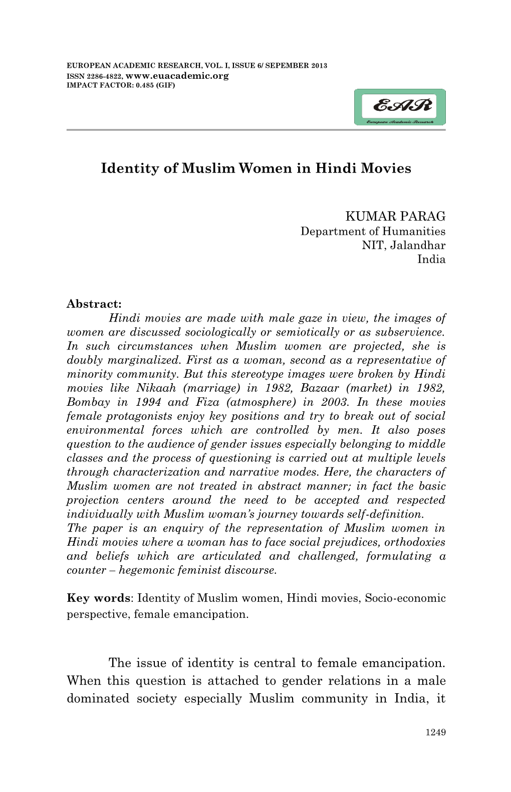 Identity of Muslim Women in Hindi Movies