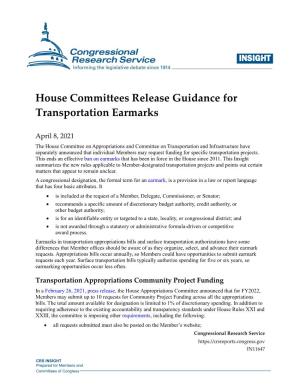 House Committees Release Guidance for Transportation Earmarks