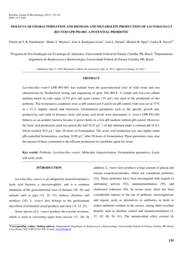 Molecular Characterisation and Biomass and Metabolite Production of Lactobacillus Reuteri Lpb P01-001: a Potential Probiotic