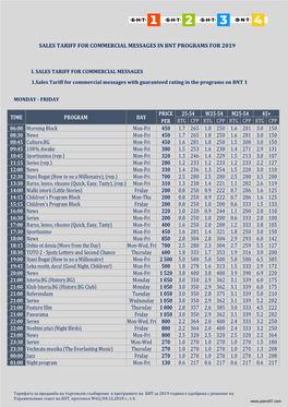 Sales Tariff for Commercial Messages in Bnt Programs for 2019