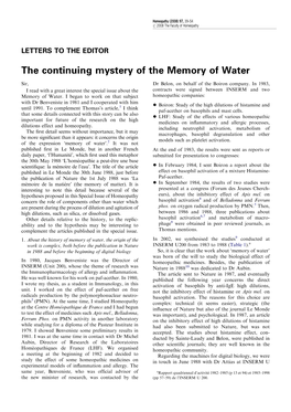 The Continuing Mystery of the Memory of Water