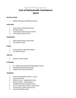 List of Nationwide Customers 2019