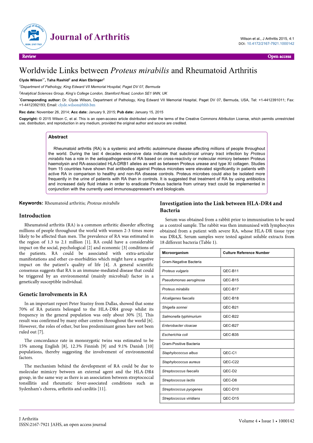 Worldwide Links Between Proteus Mirabilis and Rheumatoid Arthritis