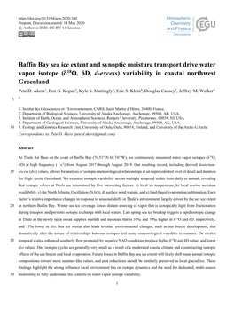 Baffin Bay Sea Ice Extent and Synoptic Moisture Transport Drive Water Vapor Isotope (D18o, Δd, D-Excess) Variability in Coastal Northwest Greenland Pete D