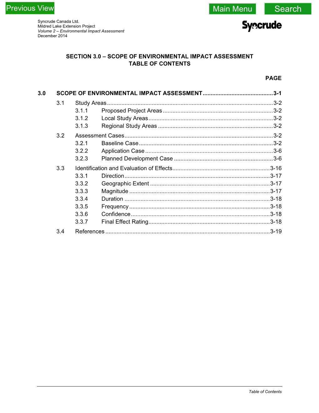 Scope of Environmental Impact Assessment Table of Contents
