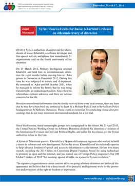 Syria: Renewed Calls for Bassel Khartabil's Release on 4Th