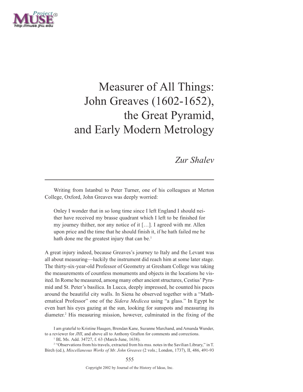 Measurer of All Things: John Greaves (1602-1652), the Great Pyramid, and Early Modern Metrology